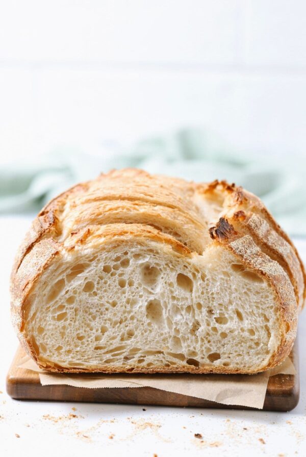 A photo showing slices of sourdough bread photographed front on to show the sourdough ear and the "bunny" shaped bread.