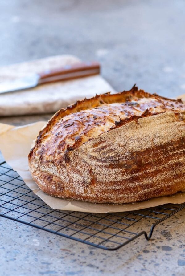 A loaf of sourodugh bread displayed on a black wire cooling rack. There is a bread knife and dish towel in the background.