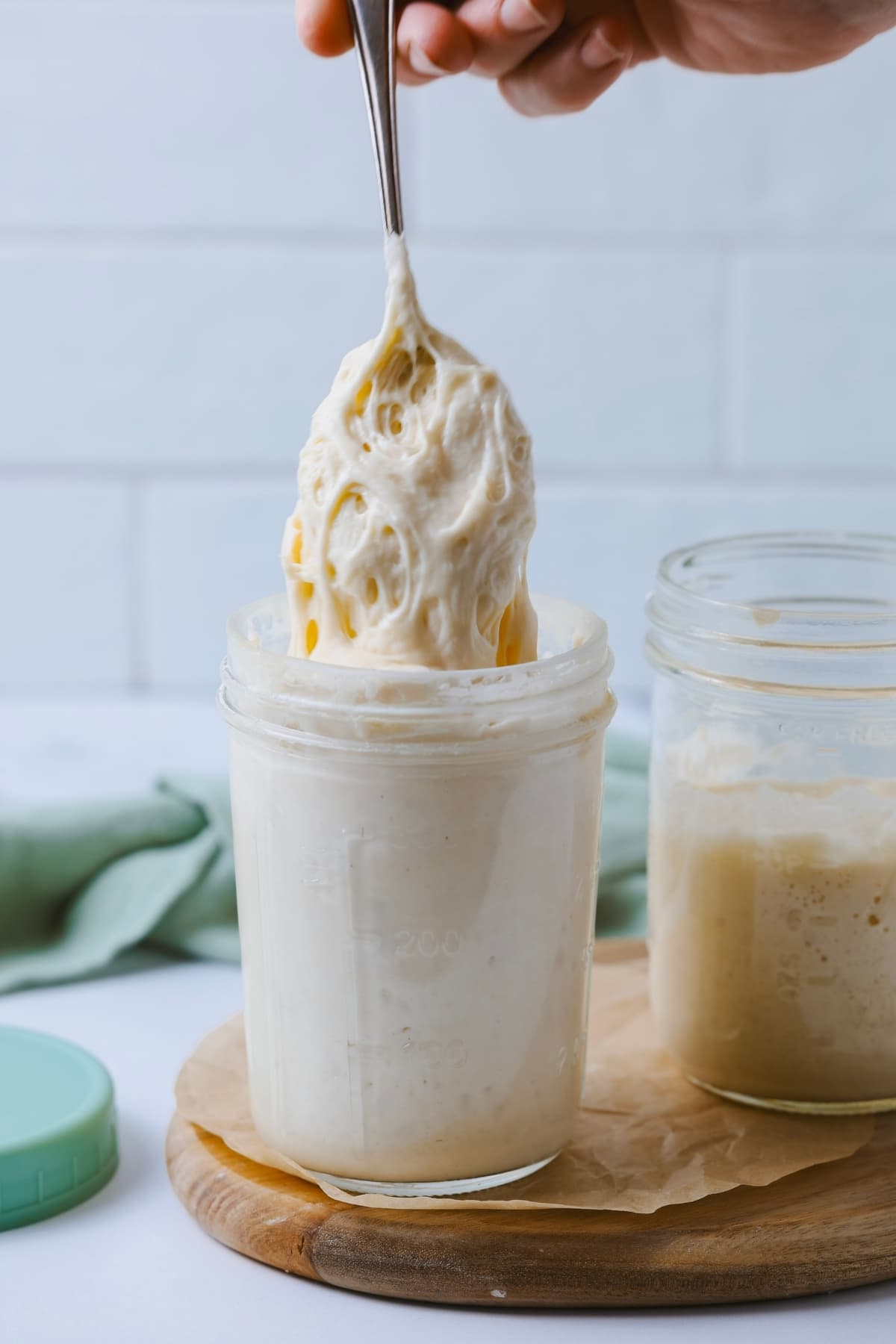 A jar of strong, bubbly sourdough starter that is being spooned out of the top of the jar.