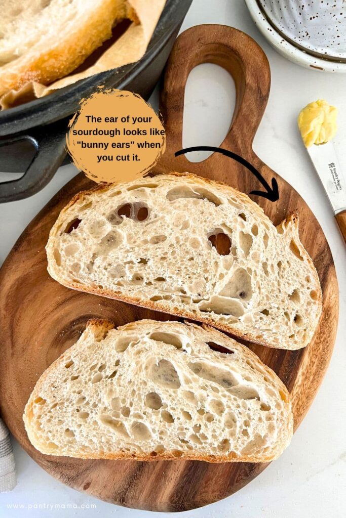 Slices of sourdough bread displaying a "bread bunny" created by a sourdough ear.