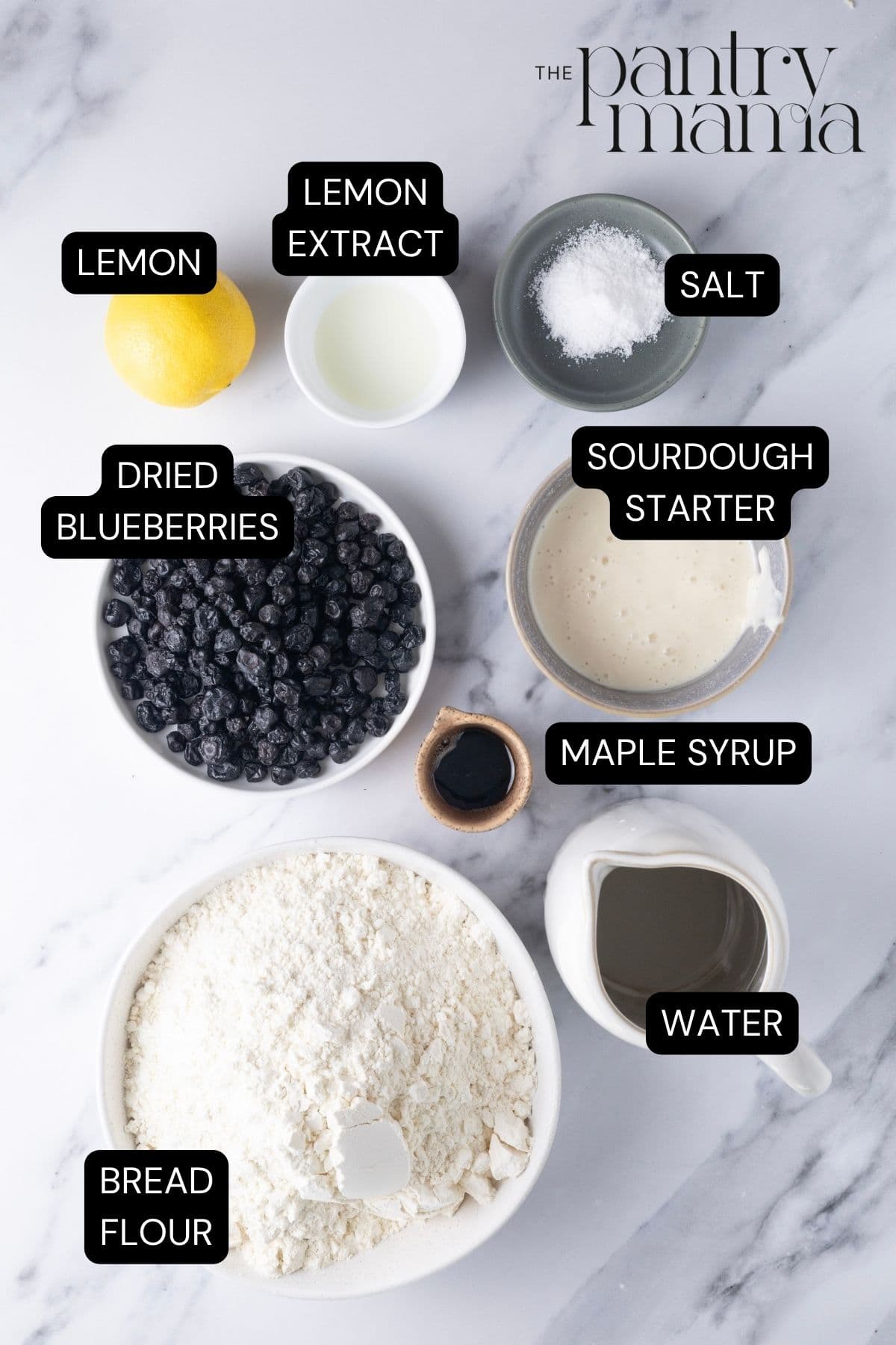Flat lay of ingredients used to create a lemon blueberry sourdough loaf.