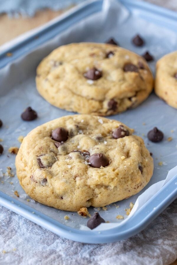 2 sourdough discard chocolate chip cookies sitting on a pale blue baking sheets.