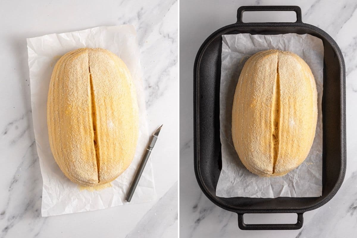 2 vertical images side by side. The image on the left shows the sourdough pumpkin loaf that has been tipped out of the banneton and scored. The blade sitting to the right of the loaf. The image on the right shows the scored dough placed into a rectangle cast-iron bread pan.