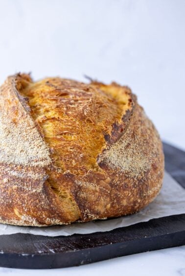 A vertical image showing a very close up image of a whole artisan pumpkin sourdough loaf. The loaf is sitting on a dark wooden board with a piece of white parchment paper sitting under the loaf.