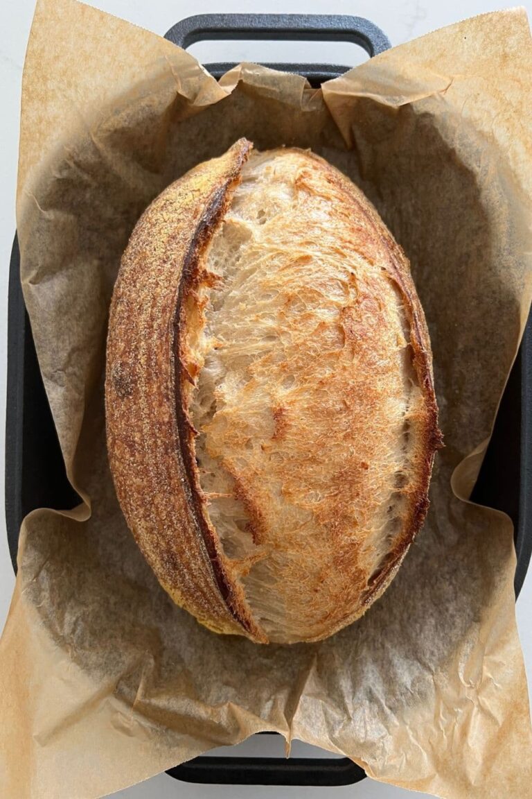 Perfect sourdough batard sitting in a cast iron bread pan. There is parchment paper underneath the sourdough batard.