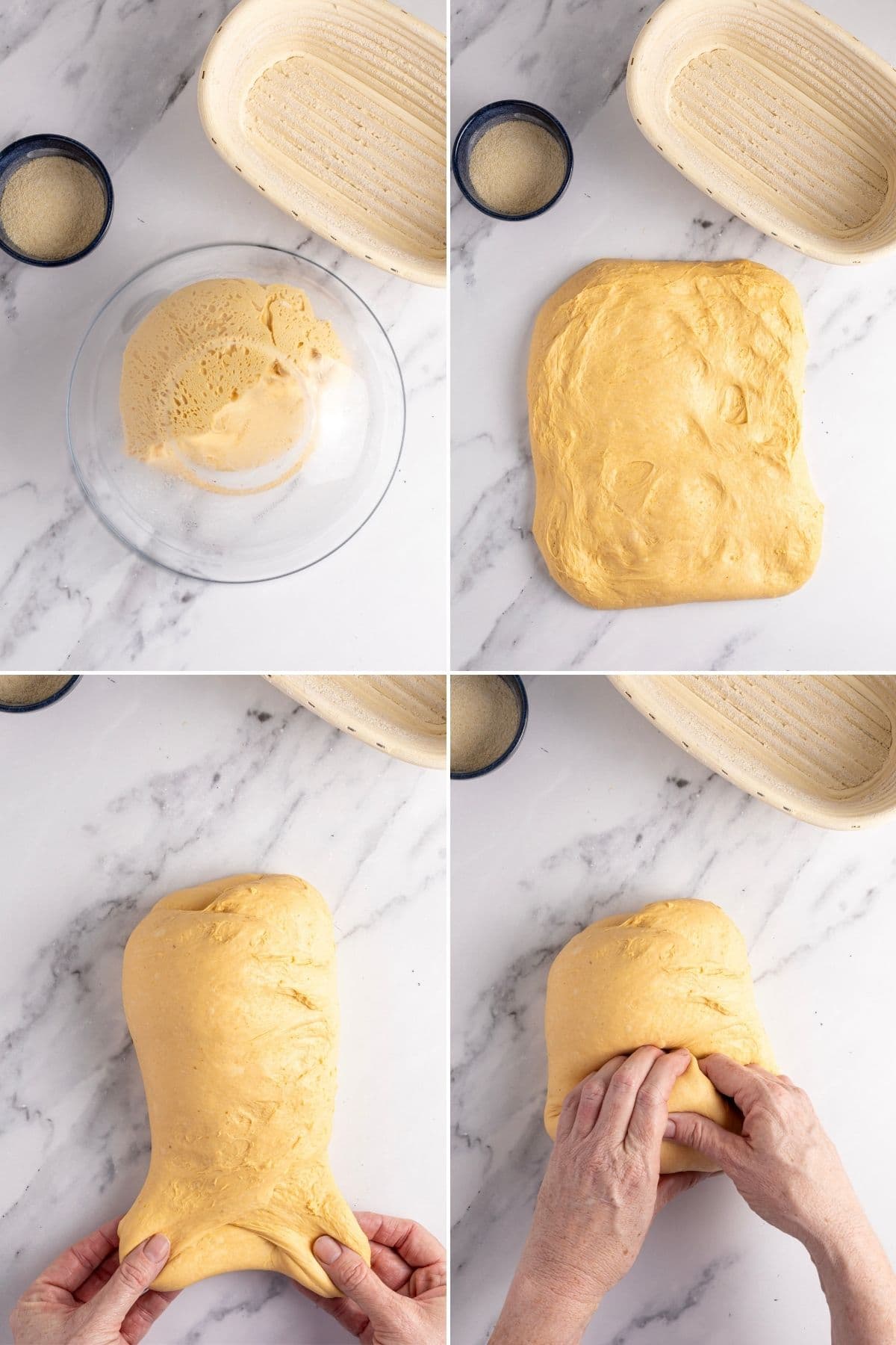 A vertical image containing 4 images which show how to tip the dough out of the bowl and onto the countertop and shape it into a batard.