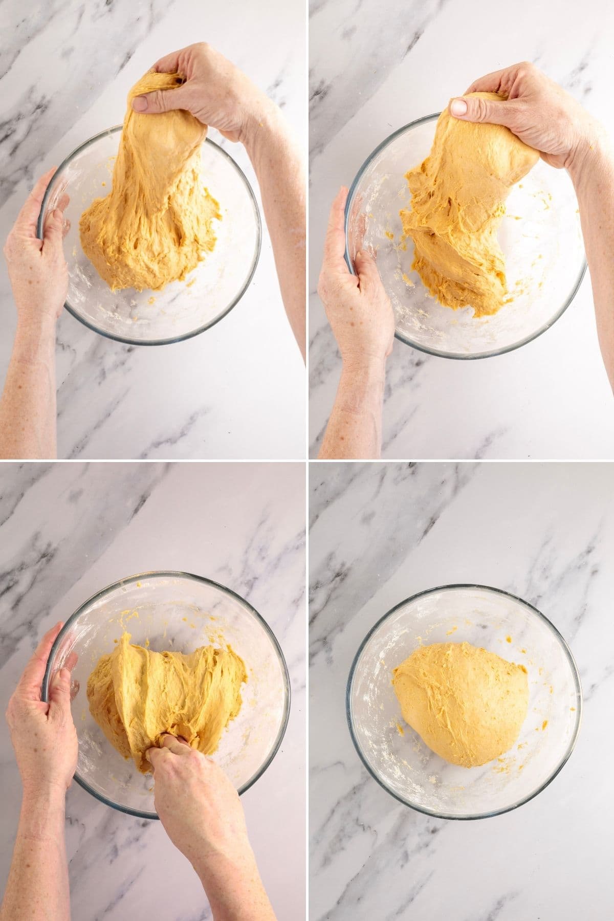 A grid displaying 4 vertical photos of artisan pumpkin sourdough being stretched and folded in a glass bowl.