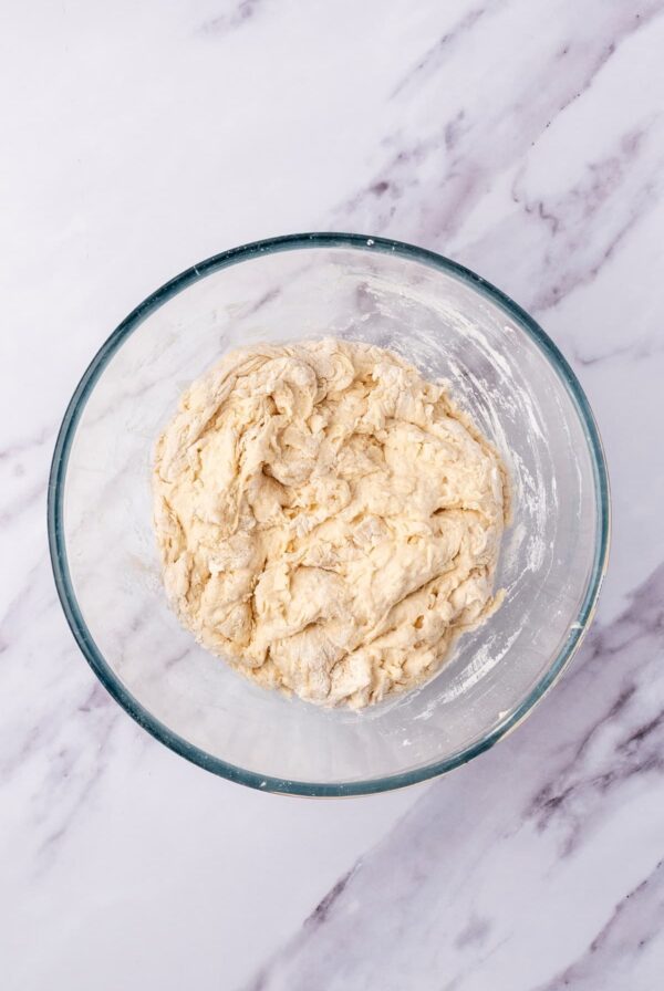 A bowl of sourdough dough that is dry and not yet mixed in.