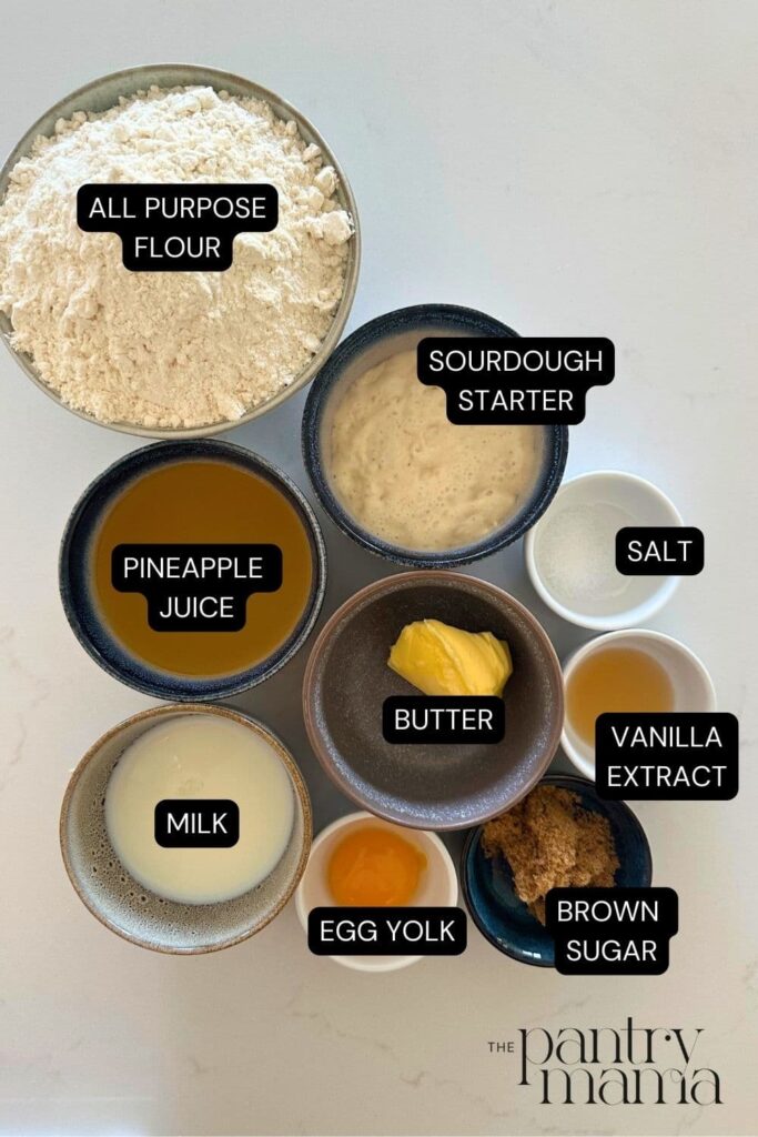 Flat lay of ingredients necessary to make sourdough Hawaiian rolls.