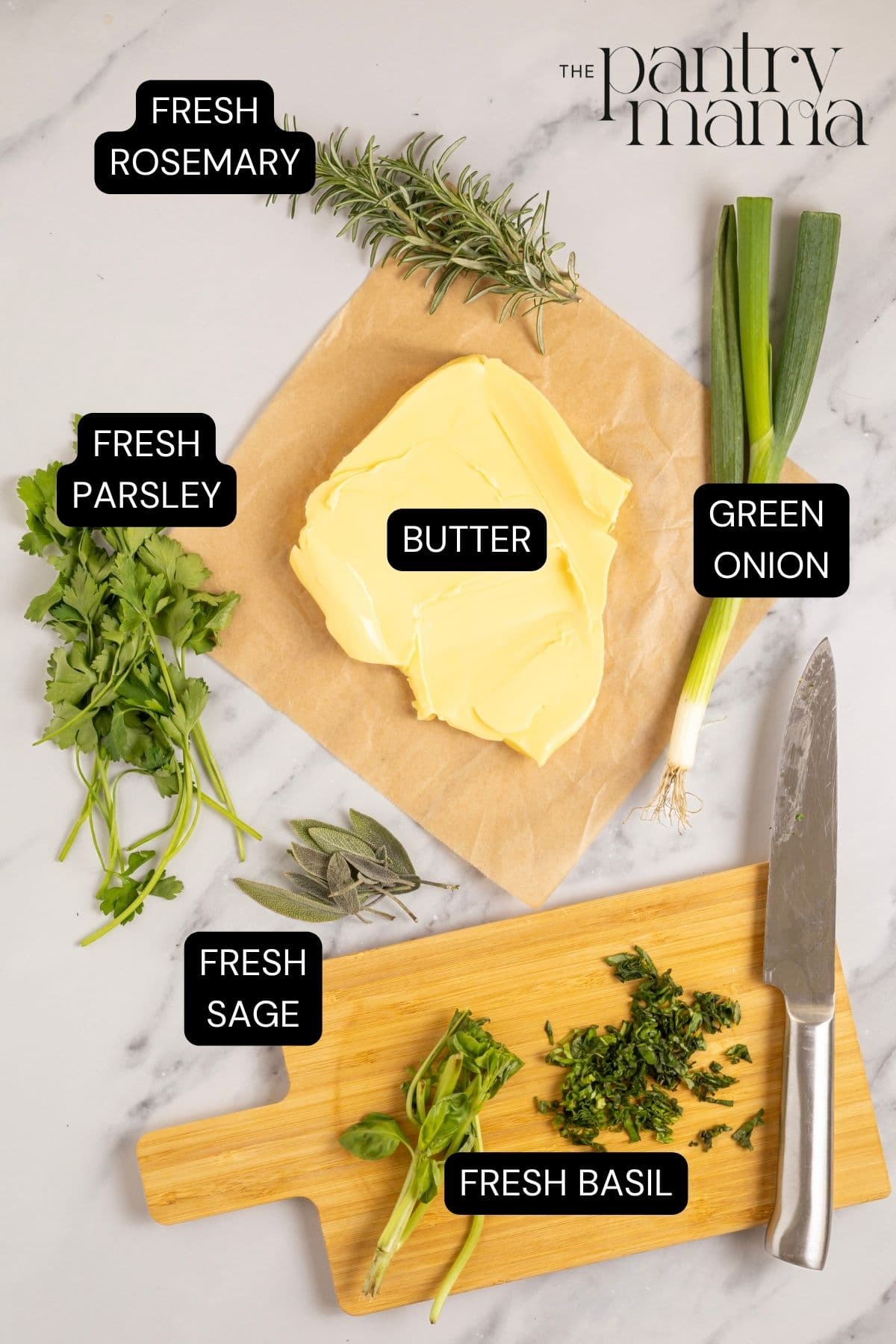 Flat lay of ingredients used to make whipped herb butter.