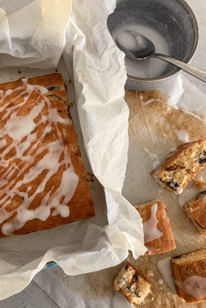 Sourdough discard cake with dates and lemon drizzle.
