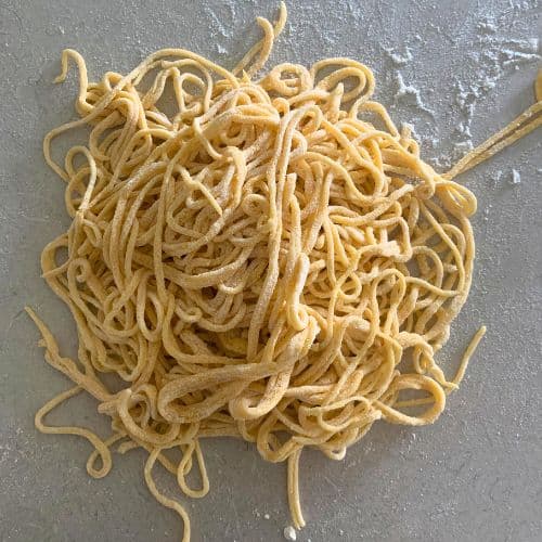 A pile of freshly made sourdough pasta sitting on a floured counter top.