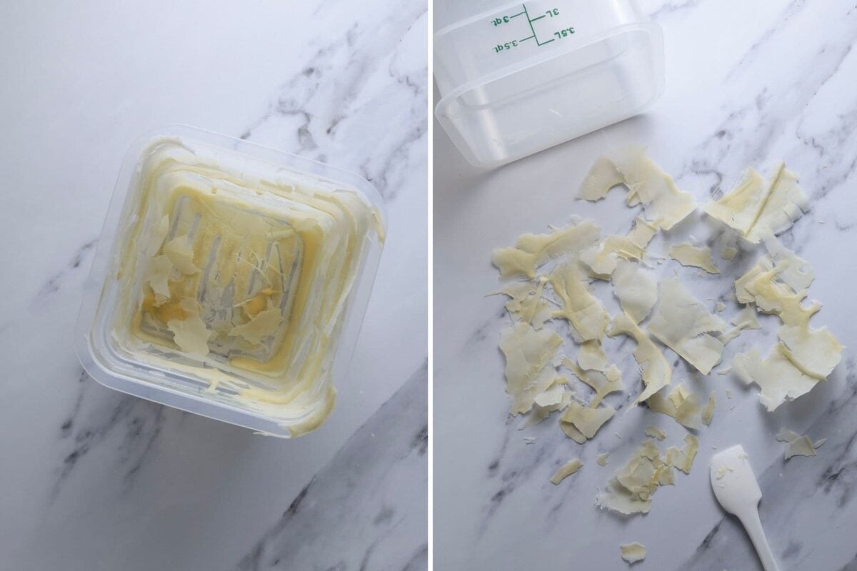 Two images side by side. The image on the left is looking down into a square cambro container smeared with sourdough starter that is starting to dry out. The image on the right shows the cambro container laying on its side and the dried sourdough starter flakes spilled out onto the white marble countertop.