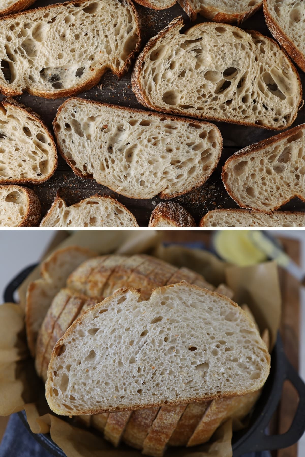 An image that contains two photos. The top photo shows slices of sourdough bread with an open crumb. The bottom photo shows a slice of sourdough bread with a more closed crumb.
