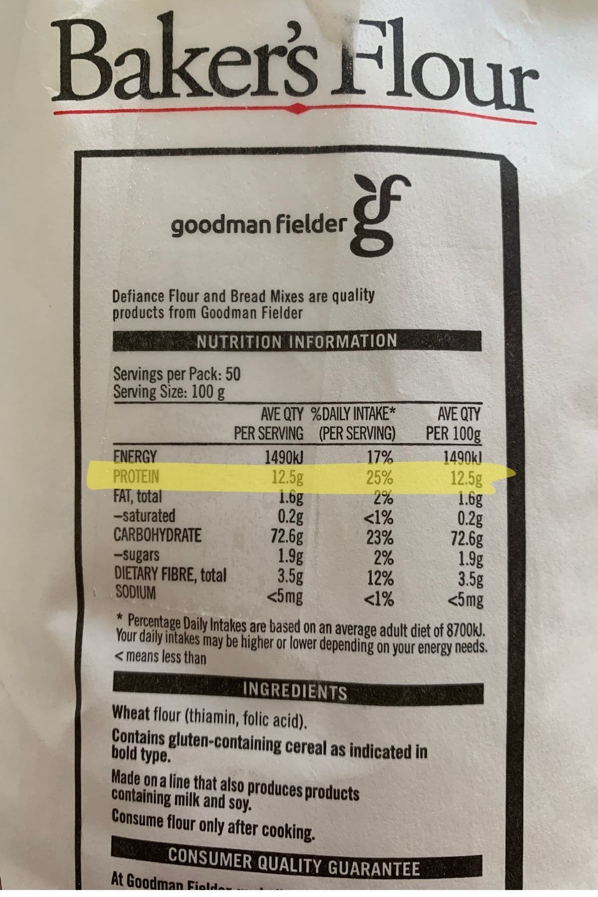 A photo of a nutritional panel of a bag of Baker's Flour from Australia. The line containing the protein content is highlighted in yellow.