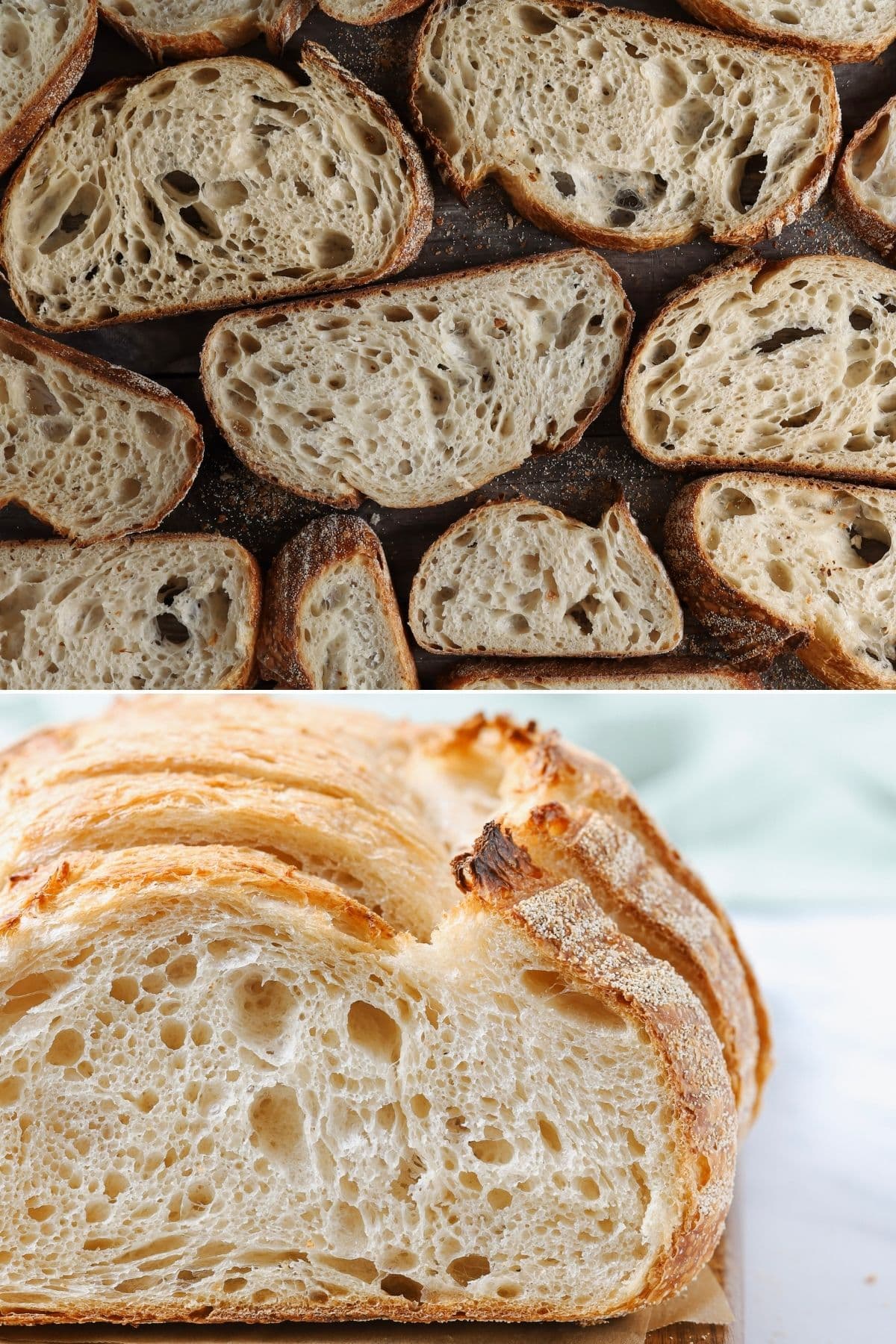 Two photos showing the crumb of a loaf of sourdough bread made with white flour.