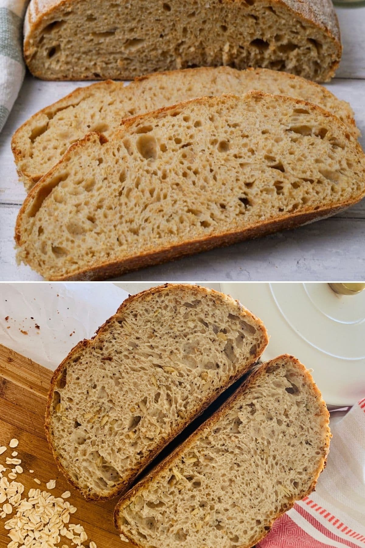 Two photos showing the crumb of a loaf of sourdough made with whole grain flours.