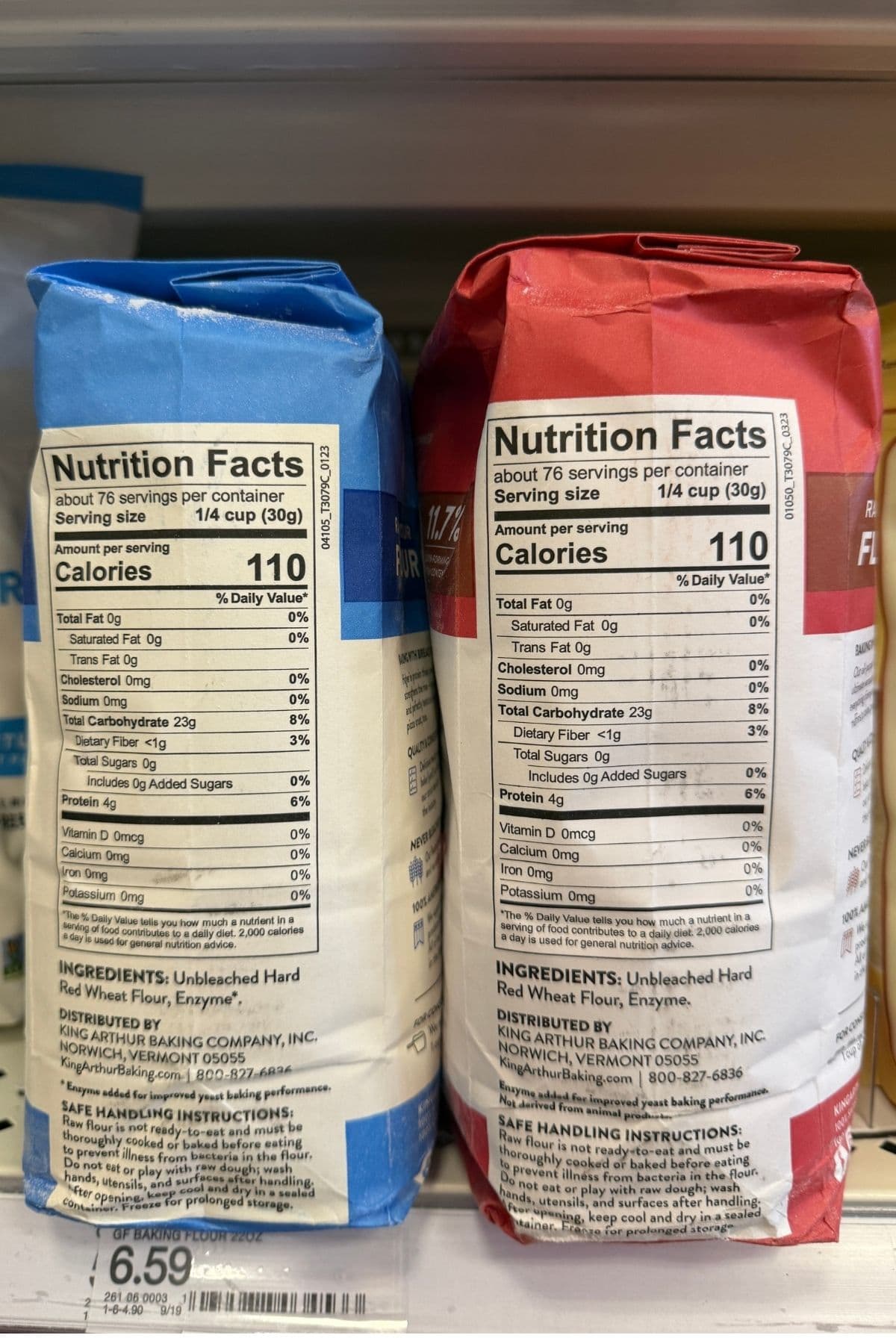 A photo of two bags of King Arthur flour side by side. Bread flour on the left and all-purpose flour on the right. The bags of flour are laid on their sides so you can see the nutritional panels.