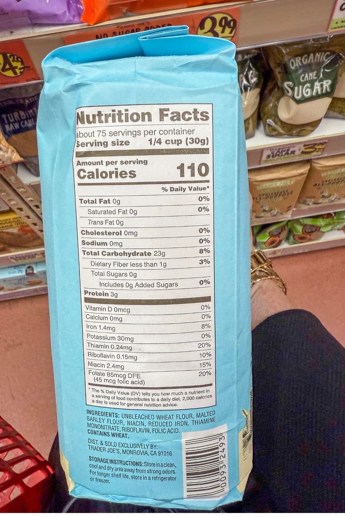 The nutritional panel of a bag of Trader Joe's All Purpose Flour.
