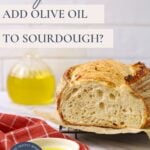 A Pinterest image photo showing a loaf of sourdough bread that has had olive oil added to soften the crumb and crust. There is a glass bottle of olive oil in the background, as well as a small white dish of yellow olive oil on a red checked dish towel in the foreground.