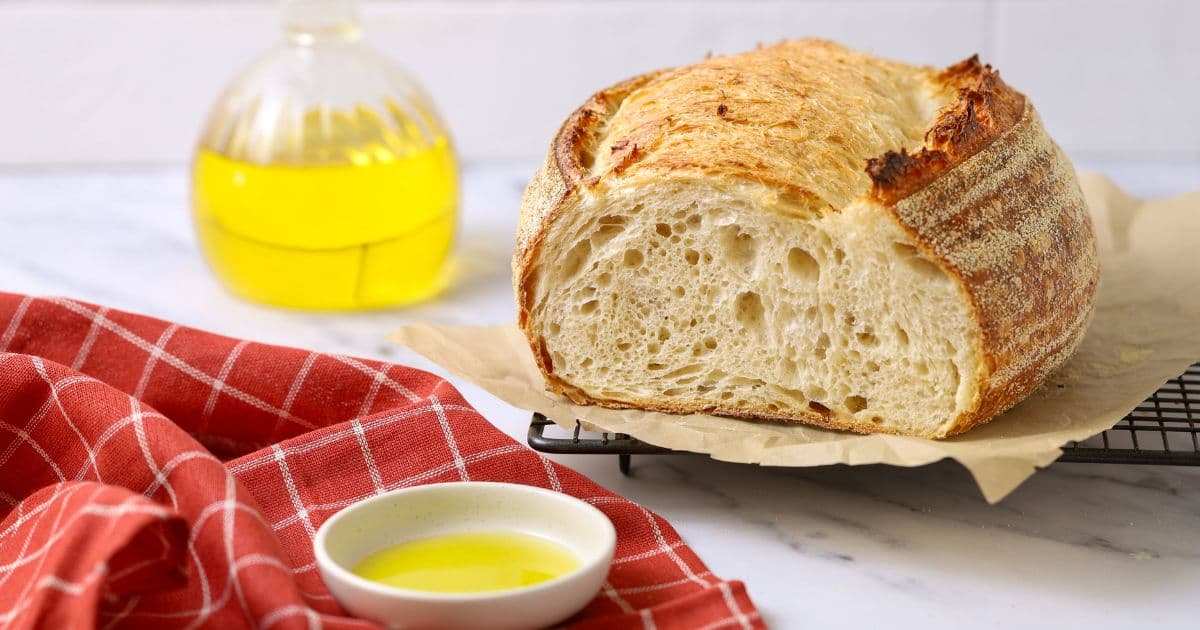 A photo showing a loaf of sourdough bread that has had olive oil added to soften the crumb and crust. There is a glass bottle of olive oil in the background, as well as a small white dish of yellow olive oil on a red checked dish towel in the foreground.
