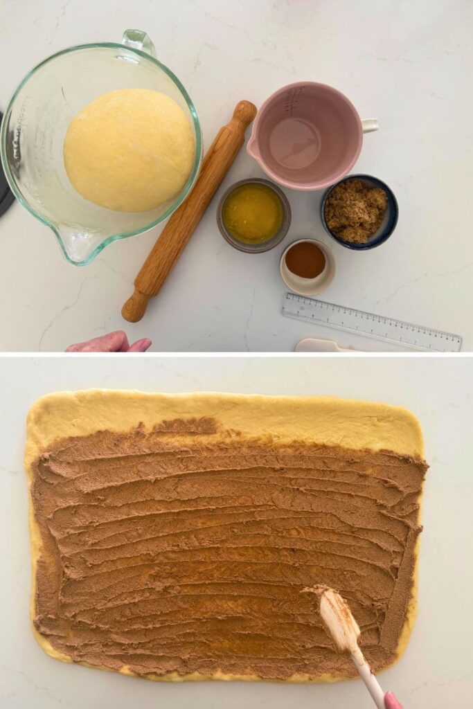 A photo comprised of two images. The top image shows the roll dough that has been bulk fermented in a glass bowl and the bottom photo shows the dough that has been rolled out in a rectangle and spread with the cinnamon roll filling.