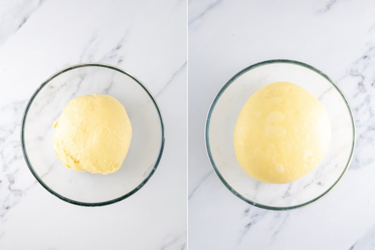 Two photos displayed side by side to show what the donut dough looks like at the start of bulk fermentation vs the end.