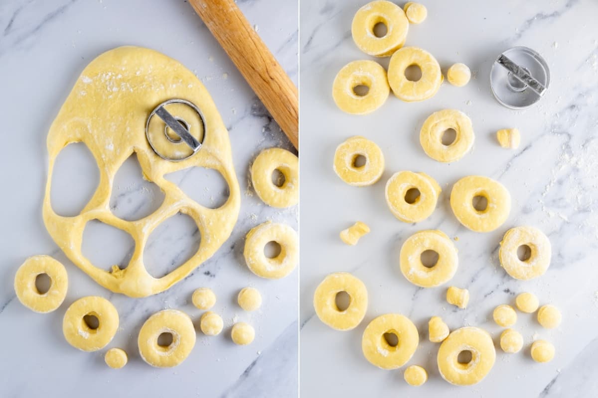 Two images showing how to cut the sourdough baked donuts out with a donut cutter.