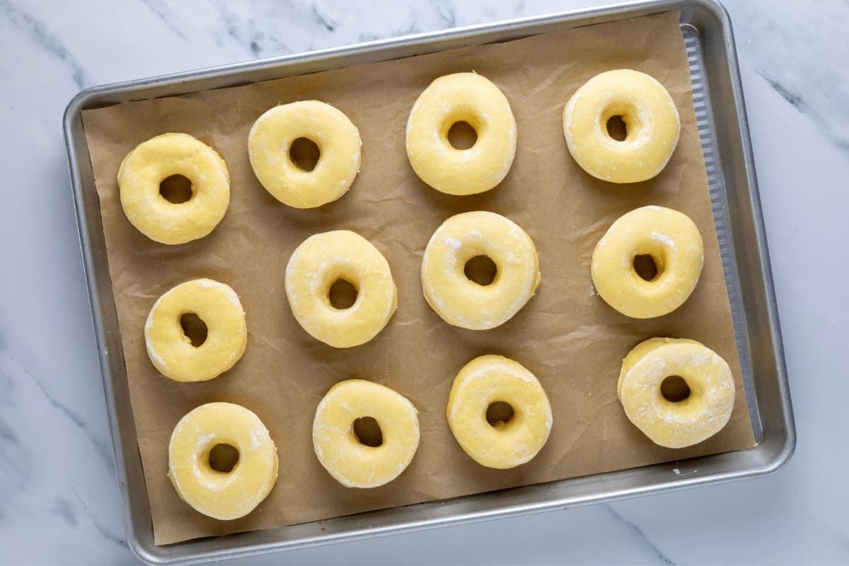 12 sourdough donuts proofing on a large baking sheet lined with parchment paper.