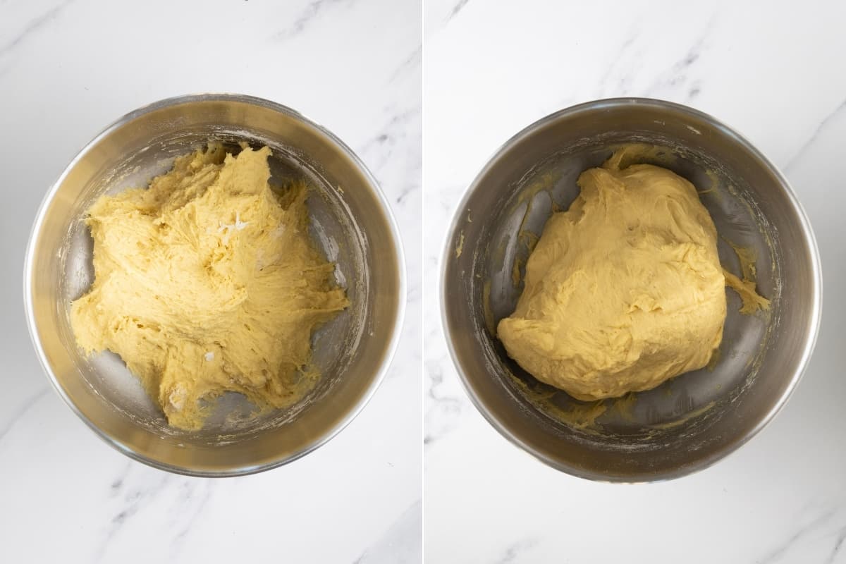 Two photos sitting side by side showing the dough being kneaded. The photo on the left is quite sticky, but the photo on the right shows the dough that has been sufficiently kneaded.