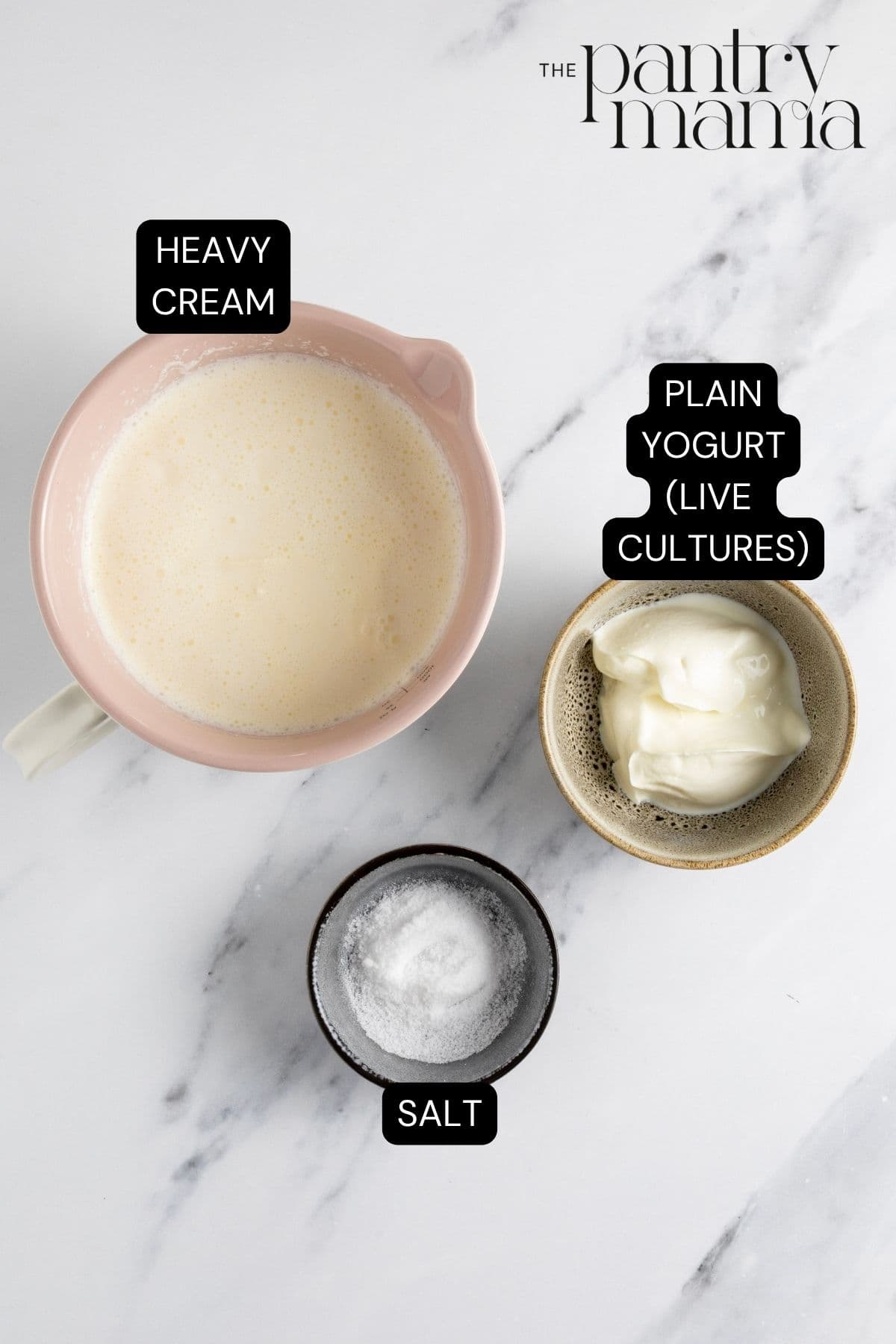 Flat lay of ingredients necessary to make cultured butter.