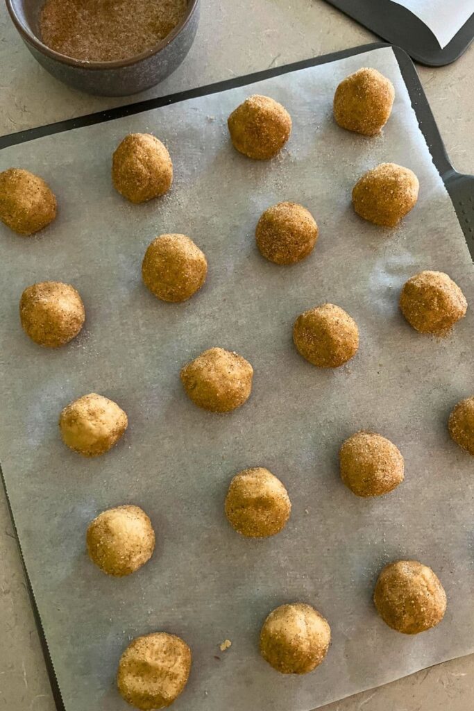 A baking tray containing sourdough snickerdoodle cookie dough balls that have been rolled in cinnamon sugar.