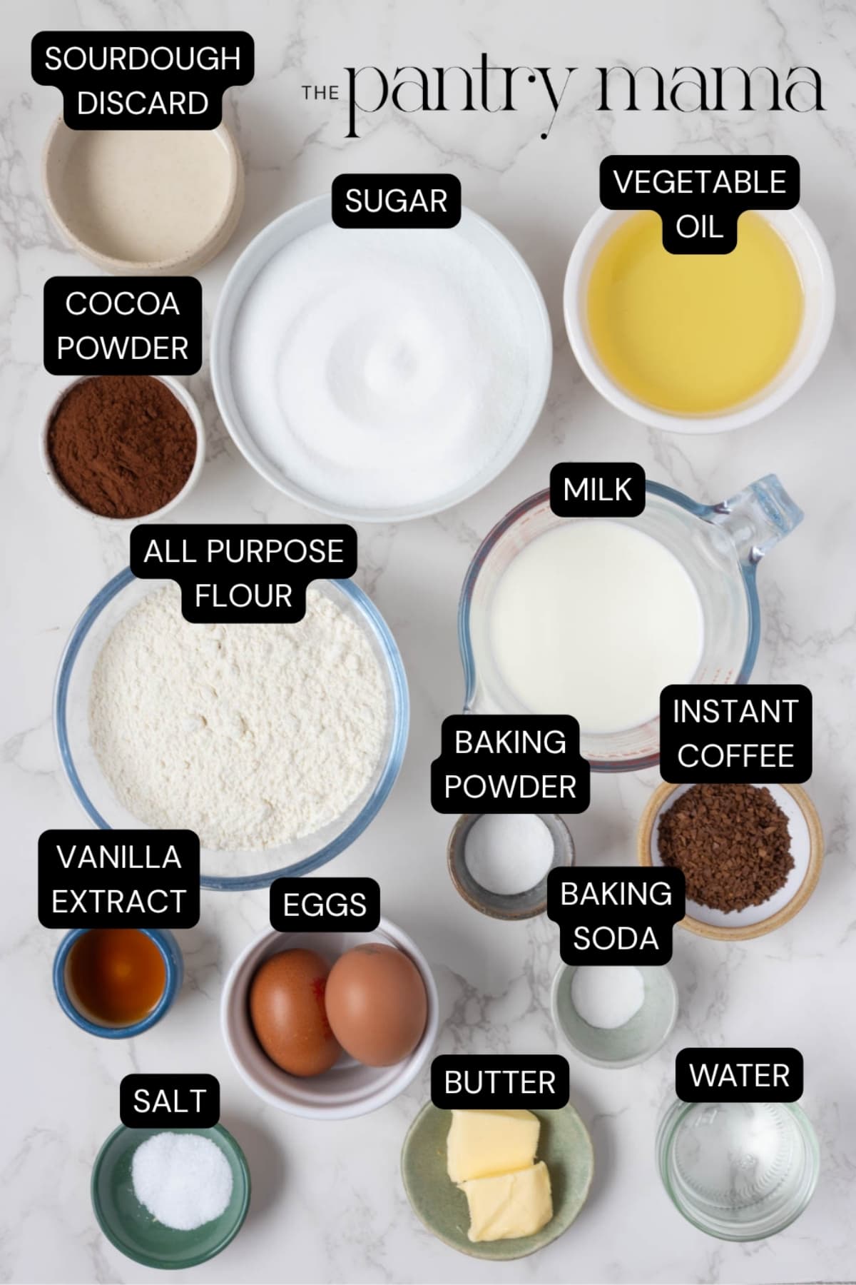 Labeled ingredients to make a sourdough chocolate cake.