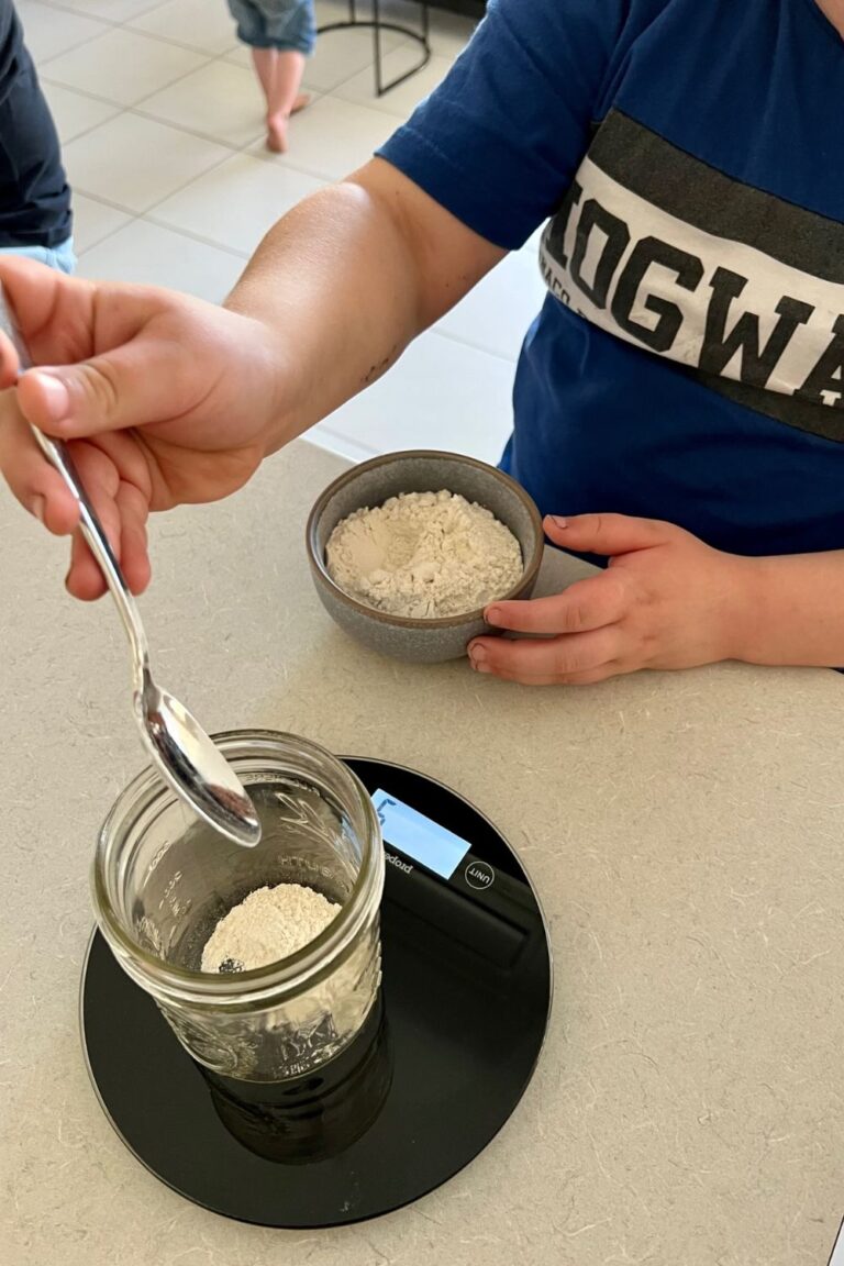 Young child measuring rye flour on a kitchen scale to make a sourdough starter.