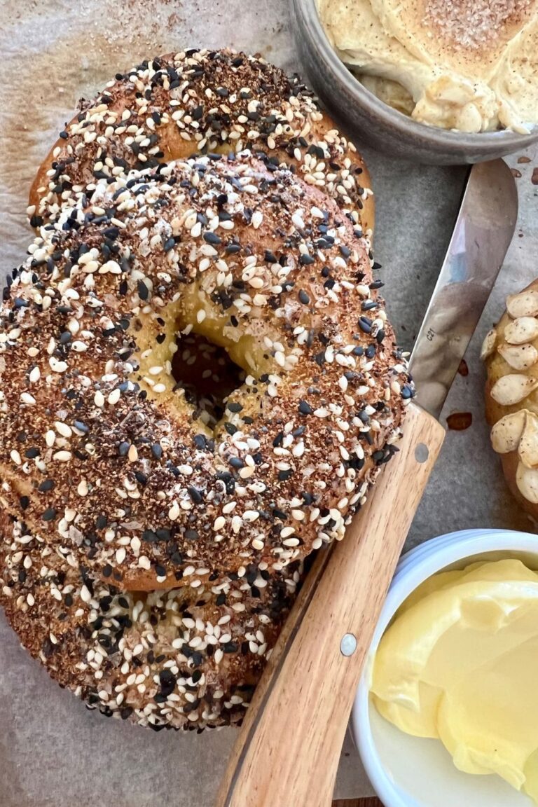 HOMEMADE EVERYTHING BAGEL SEASONING RECIPE USED ON A SOURDOUGH PUMPKIN BAGEL.