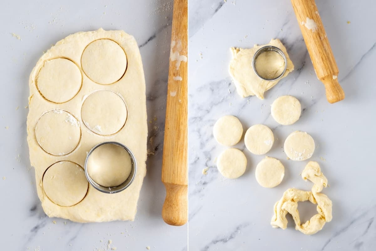 Two photos showing how to cut out the sourdough biscuits with a sharp biscuit cutter.