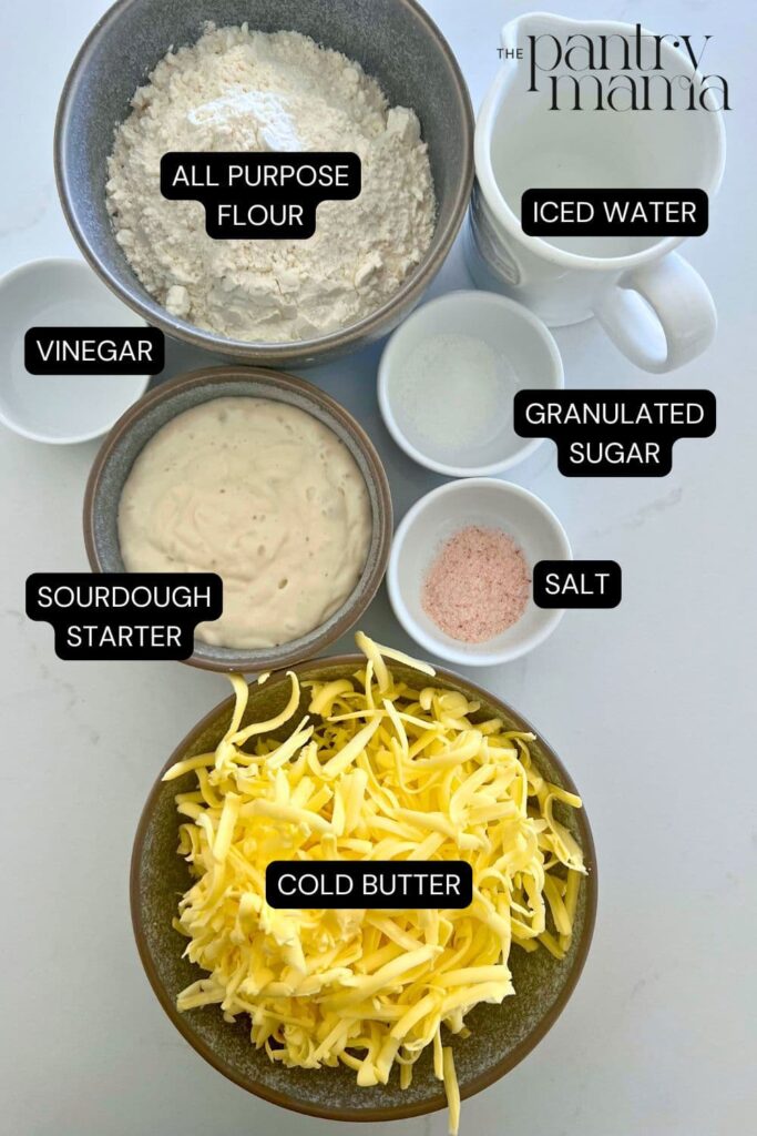 Flat lay of ingredients necessary for making a sourdough pie crust.