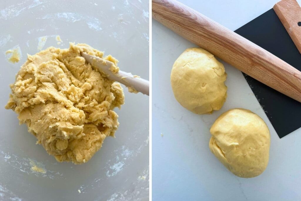 2 process photos showing the texture of dough once mixed and then once formed into two balls.