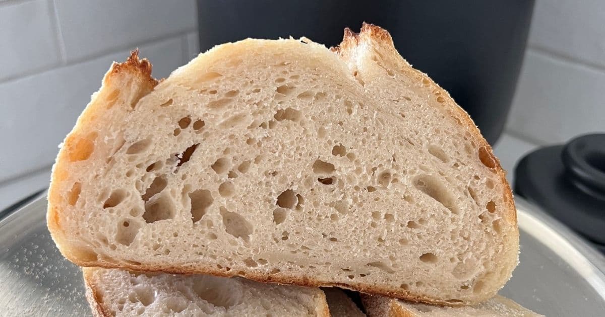A loaf of sourdough that has been sliced open. It is cleared under-fermented because it has a wet, gummy crumb and dense strip of dough at the base, showing that bulk fermentation was not adequate.