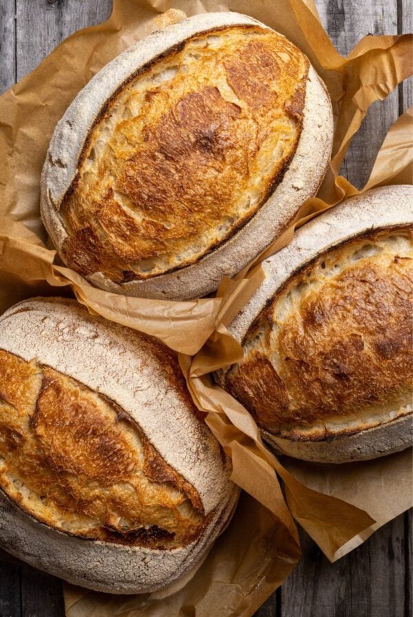 3 loaves of sourdough bread photographed from overhead. They are all nestled amongst pieces of parchment paper.