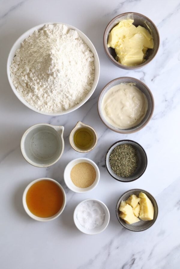 A flat lay of ingredients to make a sourdough discard recipe.