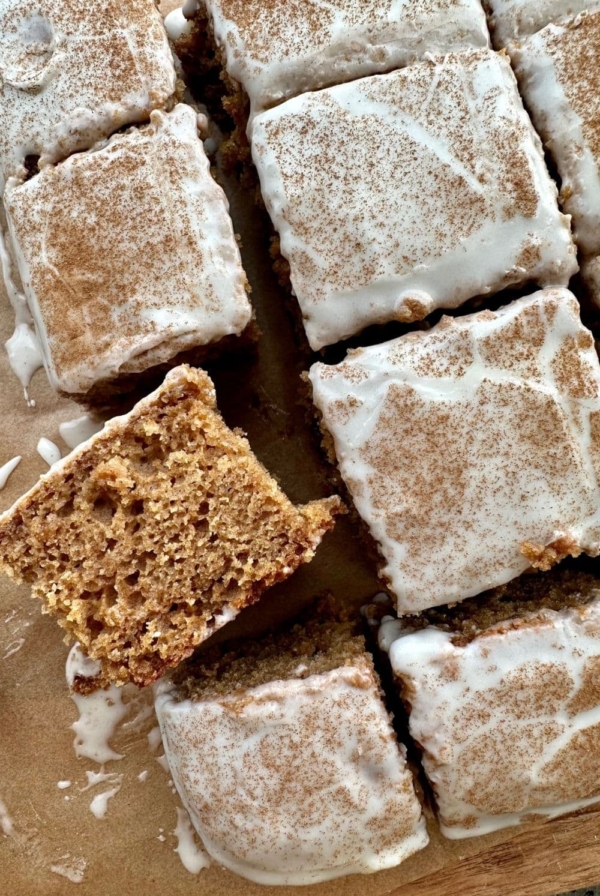 Sourdough Applesauce Cake covered in yogurt glaze and cinnamon. There is a piece of the cake that is laid on its side so you can see the texture.