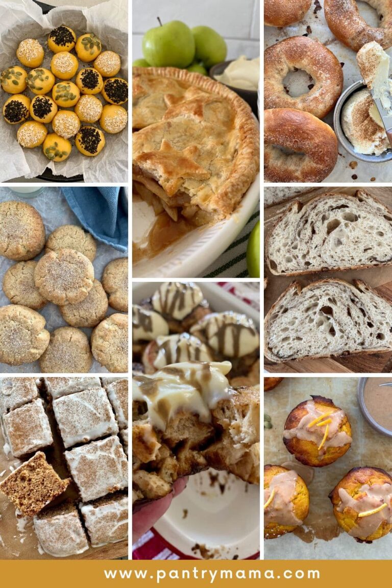 Collage of best sourdough fall recipes with 8 photos of various sourdough fall recipes.