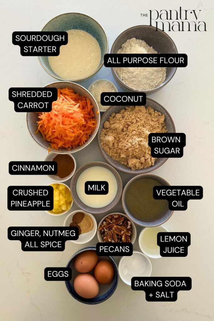 Flat lay of ingredients necessary to make sourdough carrot cake.