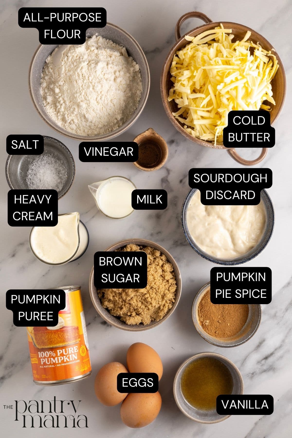 Flat lay of ingredients necessary to make sourdough pumpkin pie.