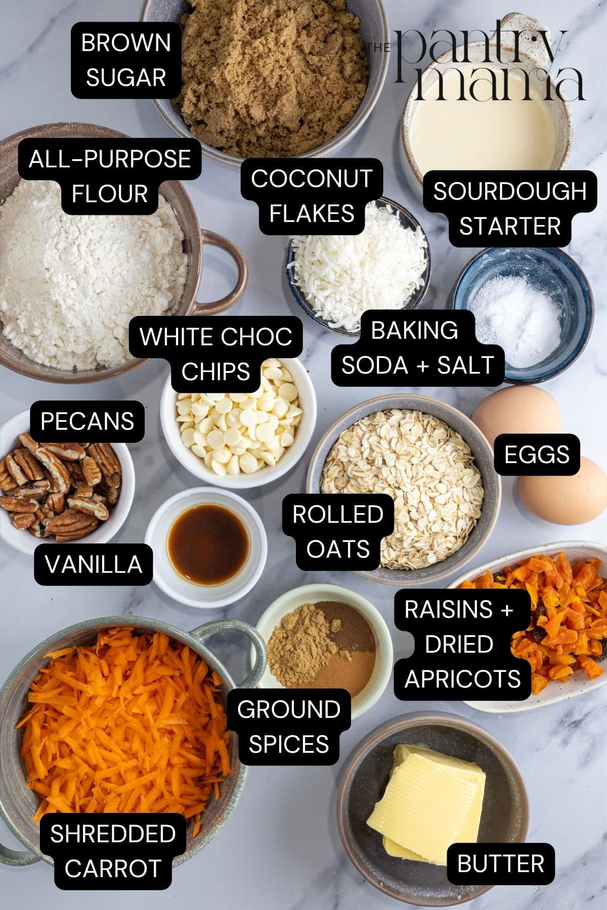 Flat lay of ingredients to make sourdough carrot cake cookies.