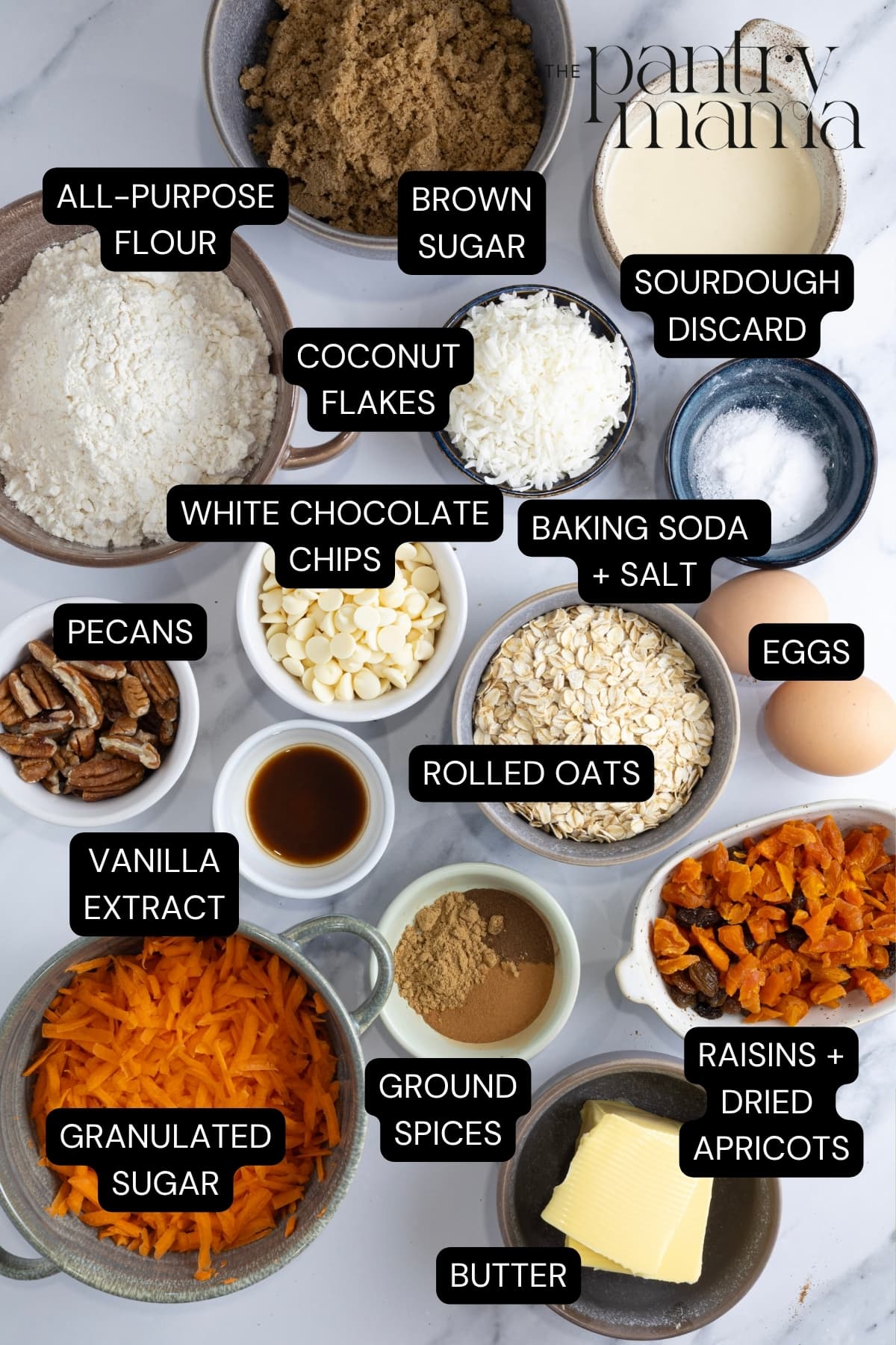 Flat lay of ingredients necessary to make sourdough carrot cake cookies.