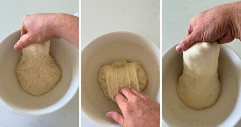 A series of 3 photos that shows the process of stretching and folding dough for sourdough ciabatta bread.