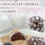 An image of two sourdough chocolate crinkle cookies on a plate with one broken open to show texture with text overlay for a Pinterest Pin image.