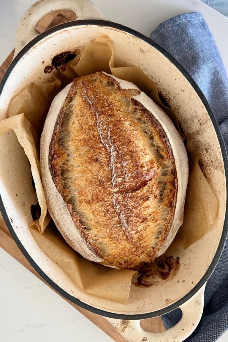 A sourdough batard straight out of the oven - it's still sitting in the Dutch oven. This photo is to demonstrate how much water weight a sourdough loaf should lose during baking time.